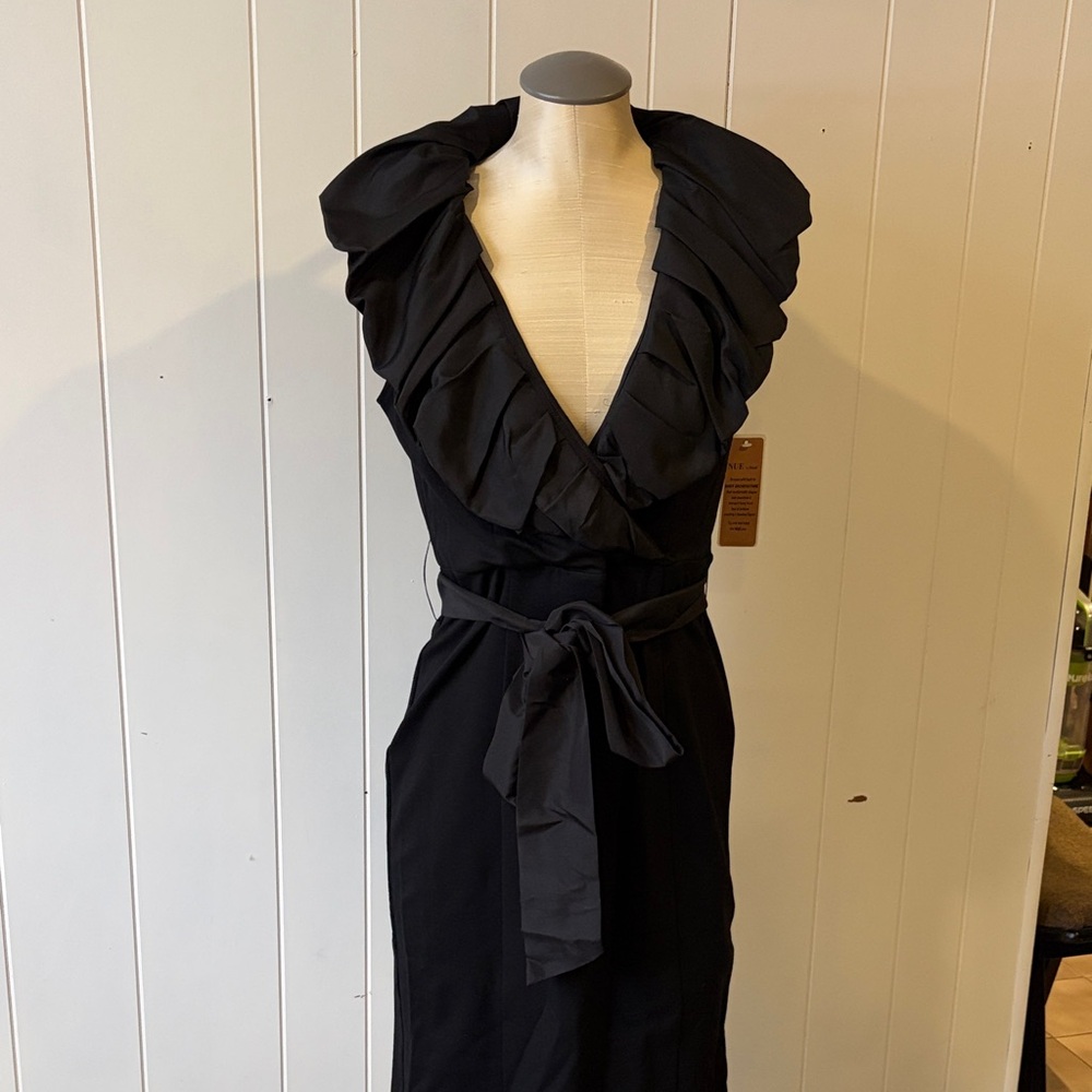 Nue by Shani Black Midi Dress with Ruffled Deep V Neckline NWT